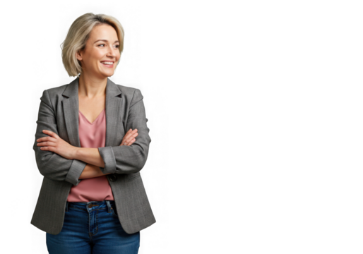 Portrait of a woman with folded arms wearing blazer and jeans on transparent background