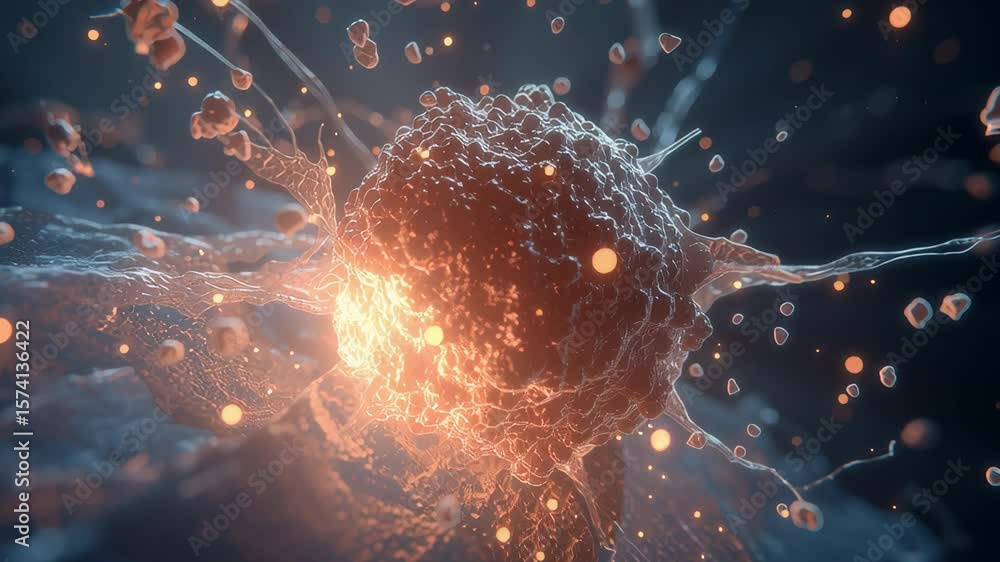 Aufkleber a computer generated image of a cell with a red nucleus. the nucleus is surrounded by a cloud of par