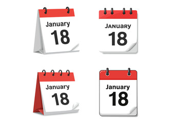 Four depictions of a red and white desk calendar showing January 18th