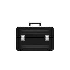 A black, rectangular toolbox with a handle and clasps, isolated on a white background.