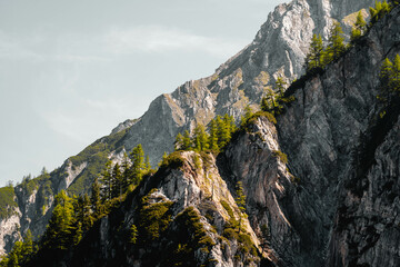 Stunning alpine lake surrounded by lush greenery and dramatic mountain peaks in Austria. Perfect...