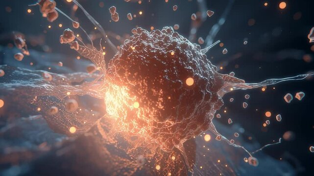 A computer generated image of a cell with a red nucleus. The nucleus is surrounded by a cloud of particles