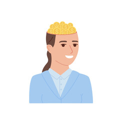 Head woman filled with gold dollar money coins. Financial thinking, invest mindset. Businesswoman work for profit. Vector flat illustration