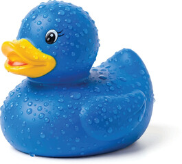 Blue rubber duck isolated PNG background, Blue rubber duck with water drops isolated on white background.