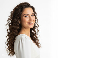 Young woman smiling on white background