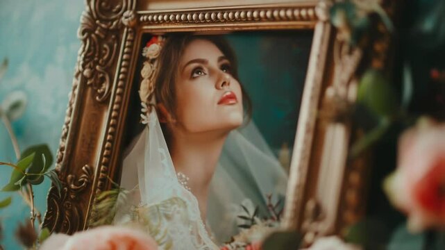 A bride looks at her reflection in the mirror, a moment of self-reflection before the big day