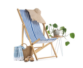 Houseplant, striped deck chair and beach accessories isolated on white background