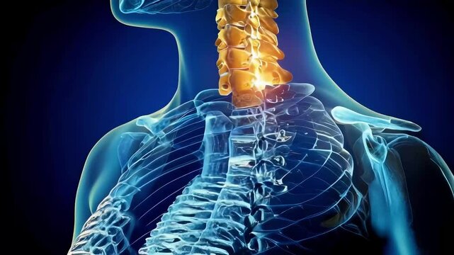 Cervical spine highlighted showing neck pain in x-ray style