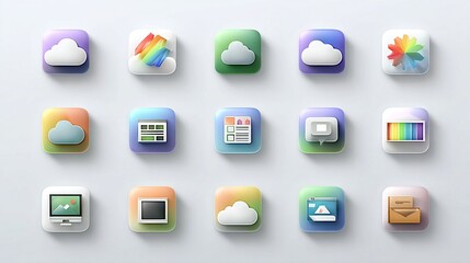 Flat cloud computing icon set with simple geometric shapes and gradient fills, modern corporate style, white background, vector friendly design.