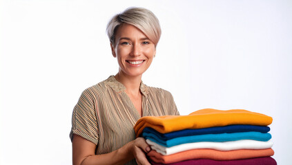 woman with a stylish haircut smiles in front of a colorful stack of neatly folded clothes