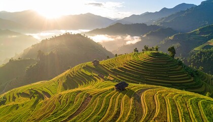 Sunrise over terraced rice fields in mountains.
