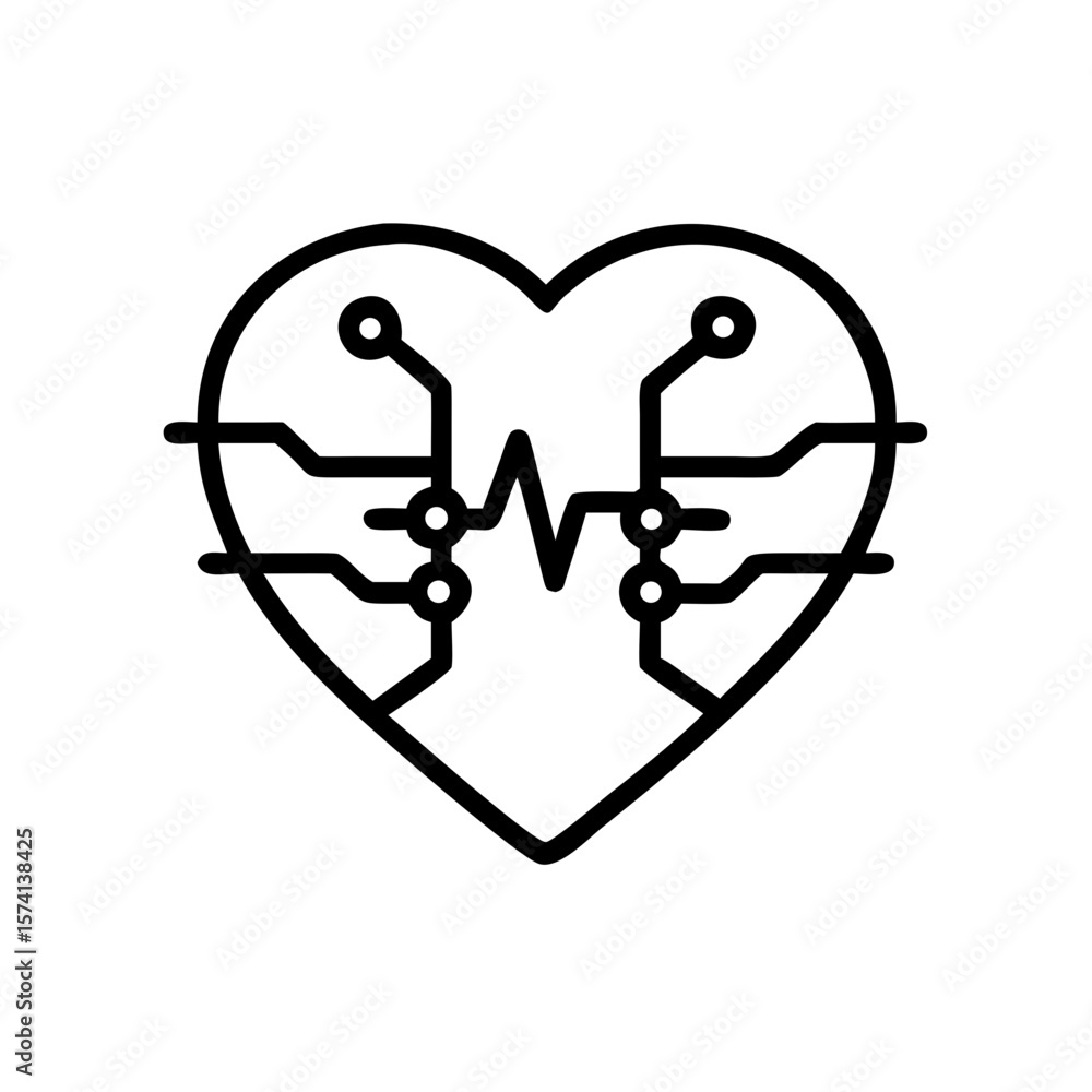 Poster heart outline with circuit board connections and pulse line in center