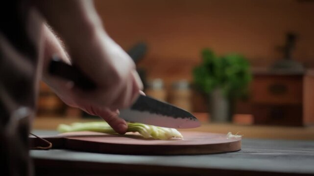 A man's hands slice a fresh celery stalk lengthwise on a cutting board. This is a prep step for dicing. Spices and herbs are blurred in the background