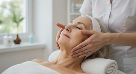 Close up of facial procedure for senior woman, professional skincare and relaxation. Elderly therapy session, wellness, beauty and rejuvenation in salon or dermatology. Anti-aging massage for face