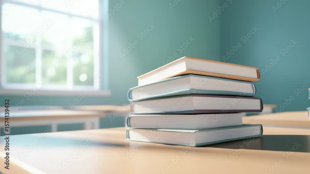 Poster sunlight is illuminating a stack of colorful books placed on a desk in an empty classroom, represent