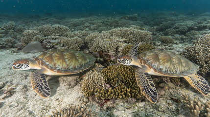 Two sea turtles resting on a vibrant coral reef, underwater scene.  Perfect for travel, nature, or wildlife documentaries