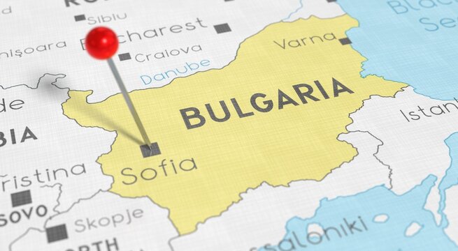 Bulgaria, Sofia - push pin on political map - 3D illustration
