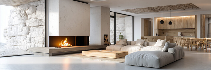 Modern Scandinavian style country villa light minimalist interior with fireplace and white slate rock wall