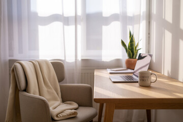 Calm and Collected A Minimalist Workspace Bathed in Natural Light (1)