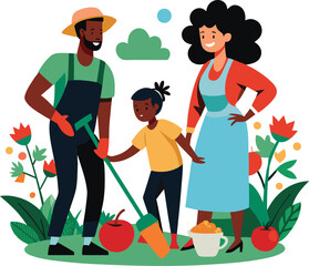 Family Gardening Together Black Vector Home Activity