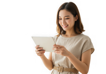 Woman smiling while holding a tablet device in her hands on transparent background