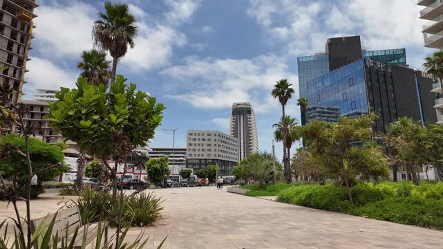 4K footage showcasing the exterior of Casablanca Finance City (CFC) buildings on a bright, sunny day in Casablanca, Morocco 10 July 2025
