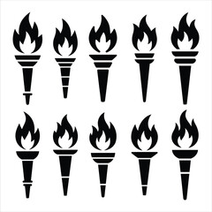 torch flame icon set vector silhouette on white background.