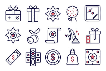 Collection of twelve distinct graphic elements representing bonuses benefits offers and rewards with customizable outlines and vibrant color palettes for diverse design applications