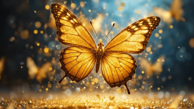 Elegant golden butterflies soaring gracefully in the magical sparkling realm video