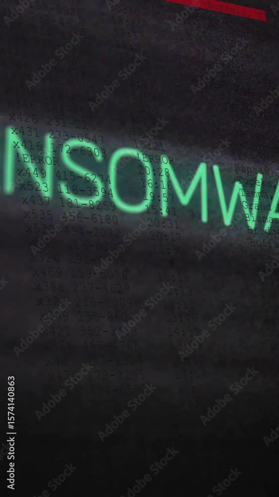 Poster animation of ransomware text and digital data processing over black background