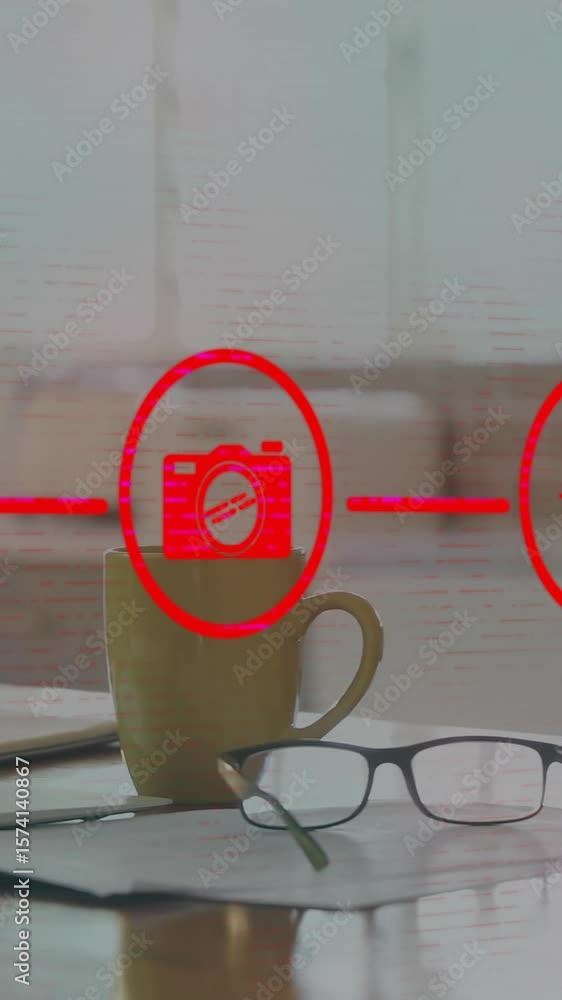 Poster animation of network of connections with icons over empty office with laptop