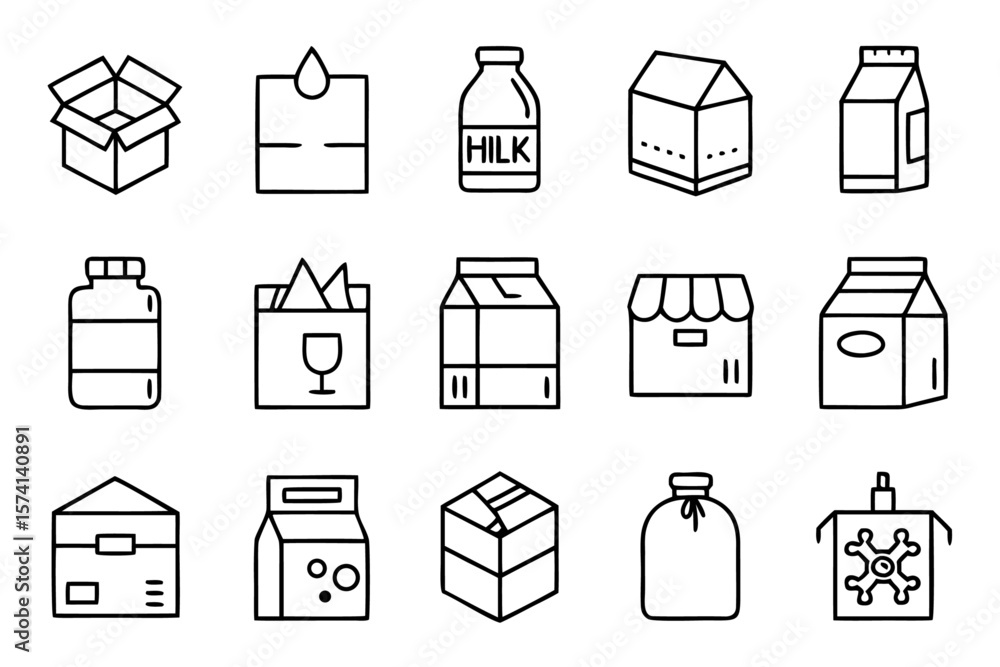Aufkleber collection of twelve simplified graphic symbols representing open and closed packaging cartons and m