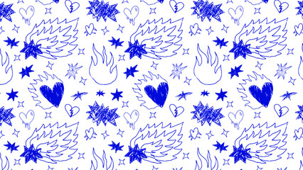 Punk scribble doodle pattern with chaotic hand-drawn elements and raw textures