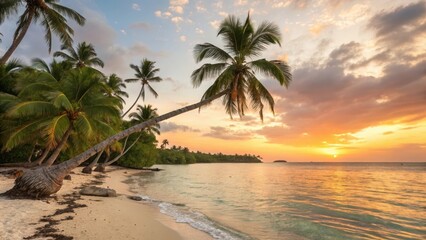 Tropical Caribbean beach with leaning palm trees, clear water, golden sand, and orange sunset. Peaceful summer holiday scene in vibrant natural beauty.