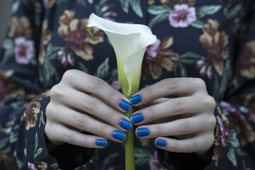 Elegance in Contrast Blue Nails and a White Calla Lily (1)
