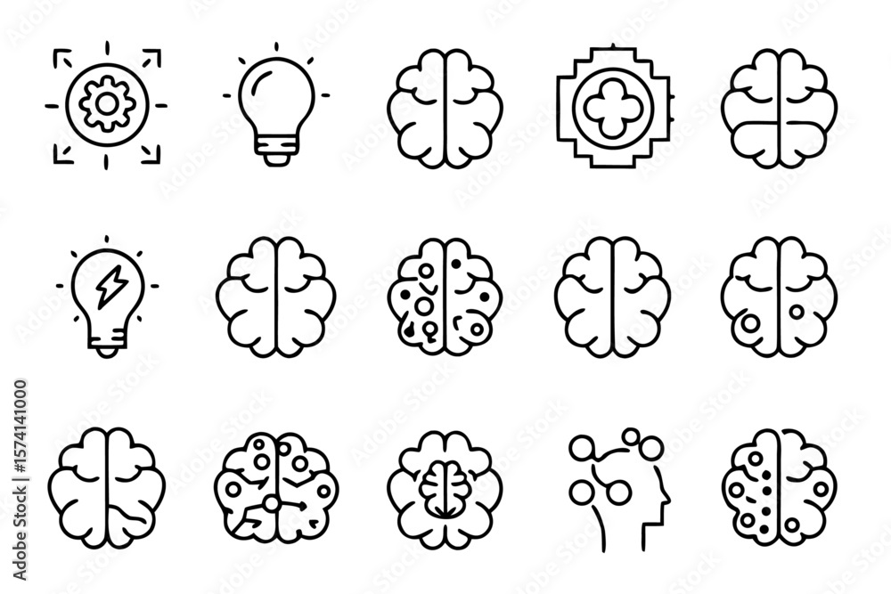 Poster comprehensive collection of minimalist brain symbols and conceptual elements showcasing a clean and 