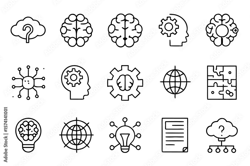 Poster a collection of minimalist brain symbols representing intellect cognition and mental processes prese