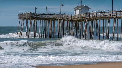 Detailed fishing pier extending into calm ocean waves with wooden pilings and seagulls perched on railings