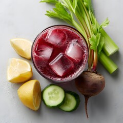 Beetroot Juice with Lemon, Cucumber, and Celery – Vibrant Farm-to-Table Still Life Celebrating Kitchen Mindfulness and Seasonal Nutrition