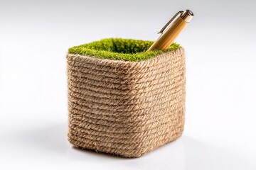 Eco friendly jute pen holder with moss natural desk organizer sustainable office supplies pen and pencil holder