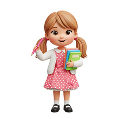 Cute Girl Student: Books, Pen, Education Illustration
