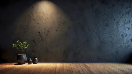 Empty room with vintage wall. Simple wooden table and black wall.