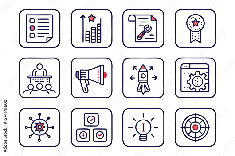 Poster comprehensive collection of business strategy and planning concepts presented as clean modern line a