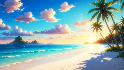 Anime beach sunset – Tranquil tropical shoreline with palm trees and glowing sky