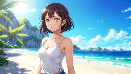 Anime vacation moment – Girl in beachwear by the sea