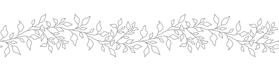 Floral border with tree branches and leaves. Seamless horizontal nature background with beautiful hand drawn leaf garland in line art style. Vector illustration