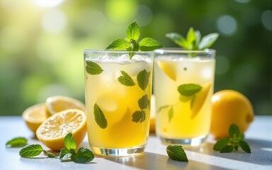 Cold drinks with lemon and mint, refreshing summer refreshment. High quality