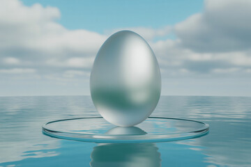 Ethereal Balance A Glass Egg Suspended Above Still Waters (1)