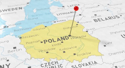 Poland, Warsaw - push pin on political map - 3D illustration © PX Media
