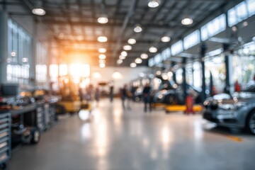 Obraz premium Blurry view of a bustling auto repair shop